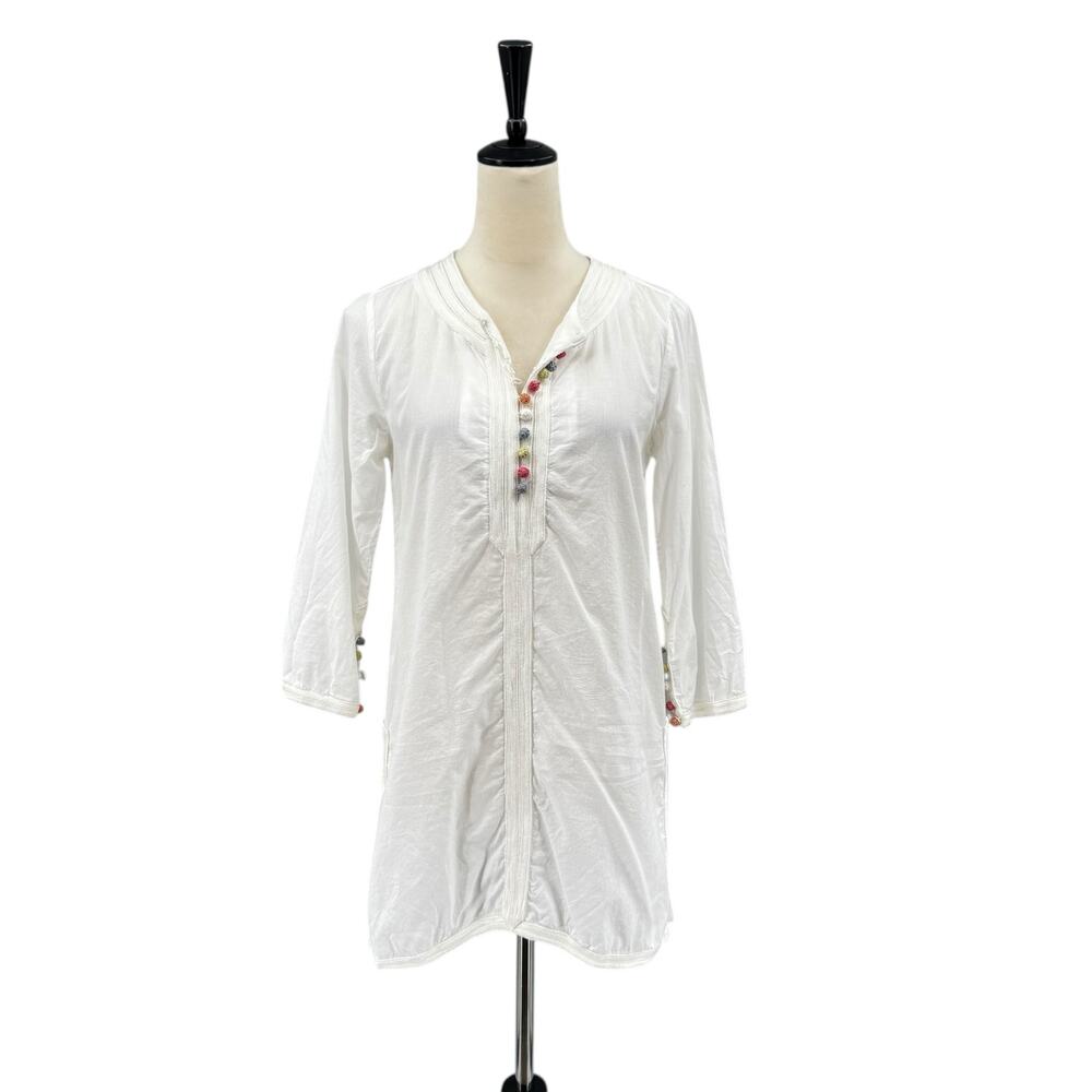 Roberta Roller Rabbit White & Multi Colored Button Loop 3/4 Sleeve Tunic